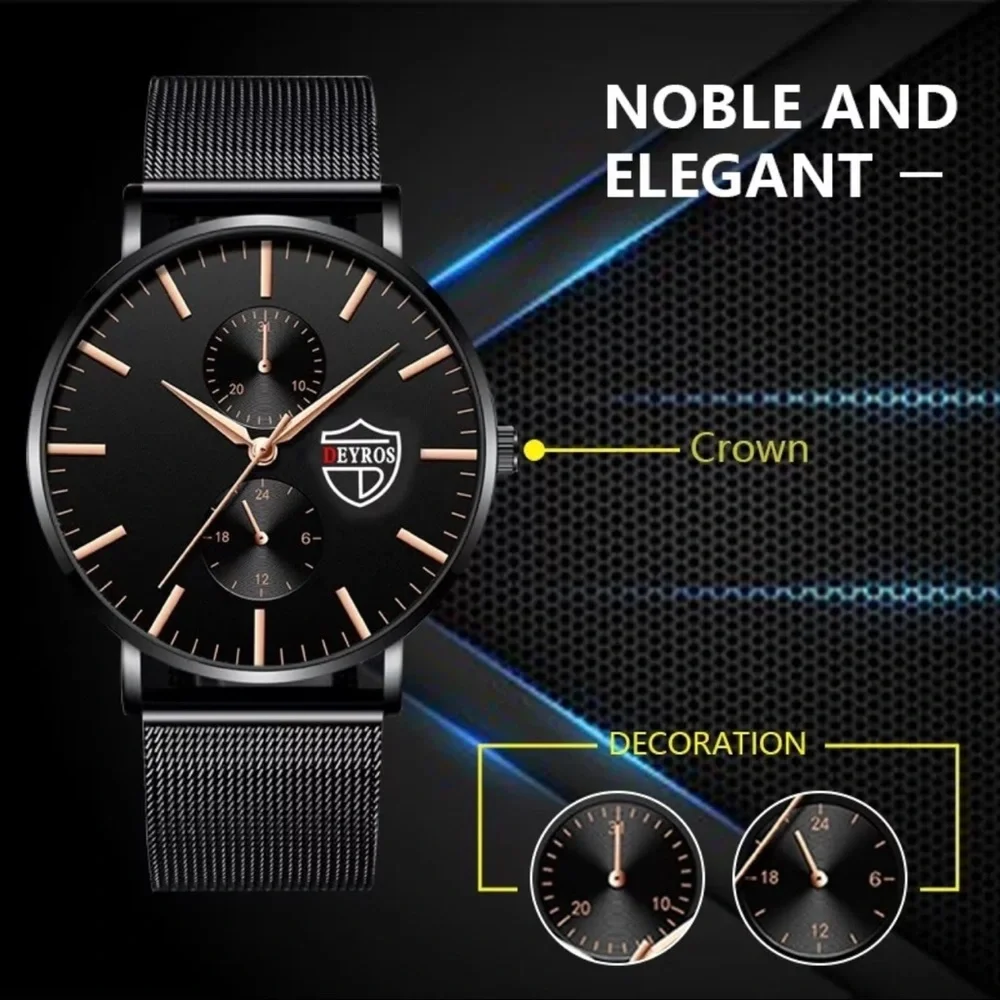 New Stainless Steel Analog Quartz Black Rose Gold Business Casual Mens Watch